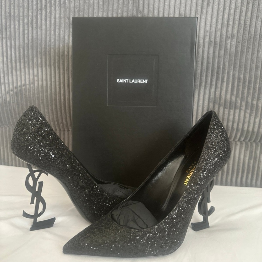 Yves Saint Laurent Black Sparkle Heels with Iconic Logo